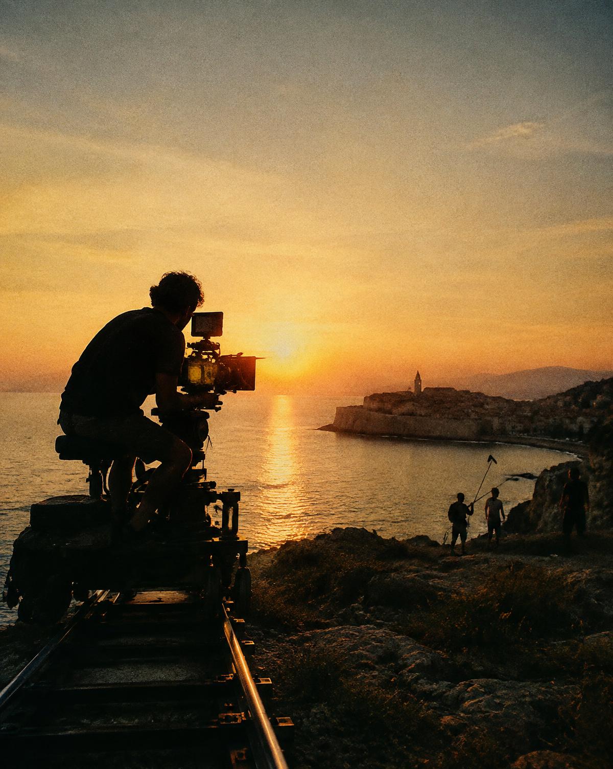 Cinema camera on a dolly filming the Croatian coastline at sunset